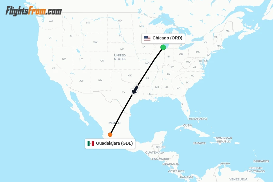 Flights from Chicago to Guadalajara route map