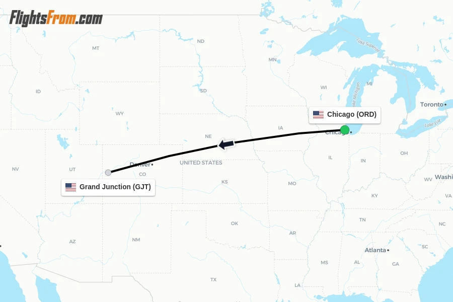 Flights from Chicago to Grand Junction route map