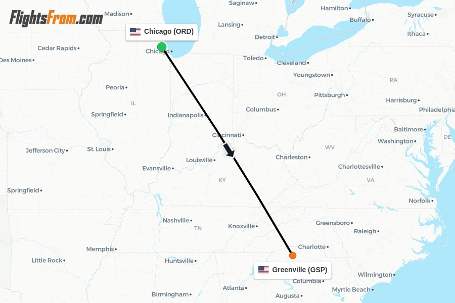 Flights from Chicago to Greenville route map