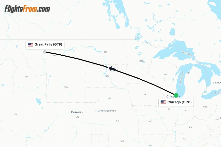 Flights from Chicago to Great Falls route map