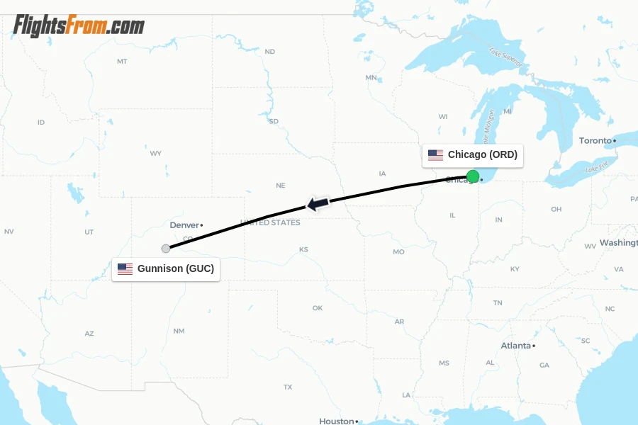 Flights from Chicago to Gunnison route map