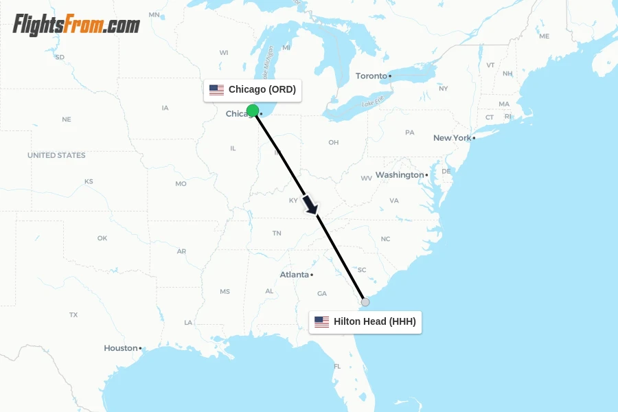 Flights from Chicago to Hilton Head route map