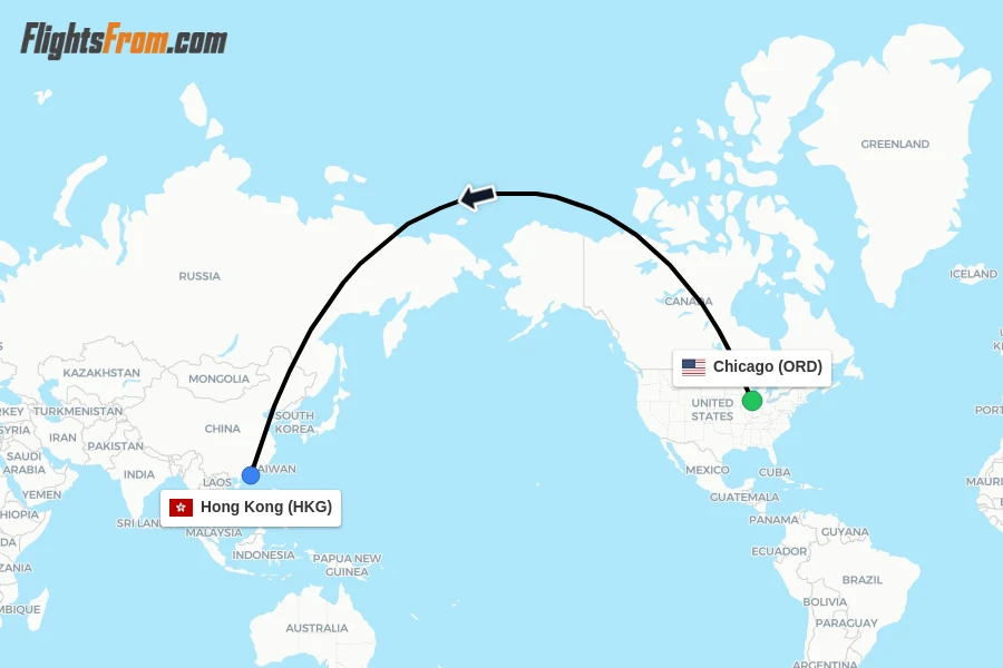 Flights from Chicago to Hong Kong route map
