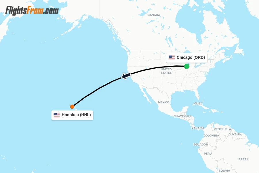 Flights from Chicago to Honolulu route map