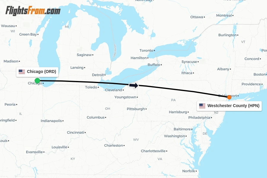 Flights from Chicago to Westchester County route map