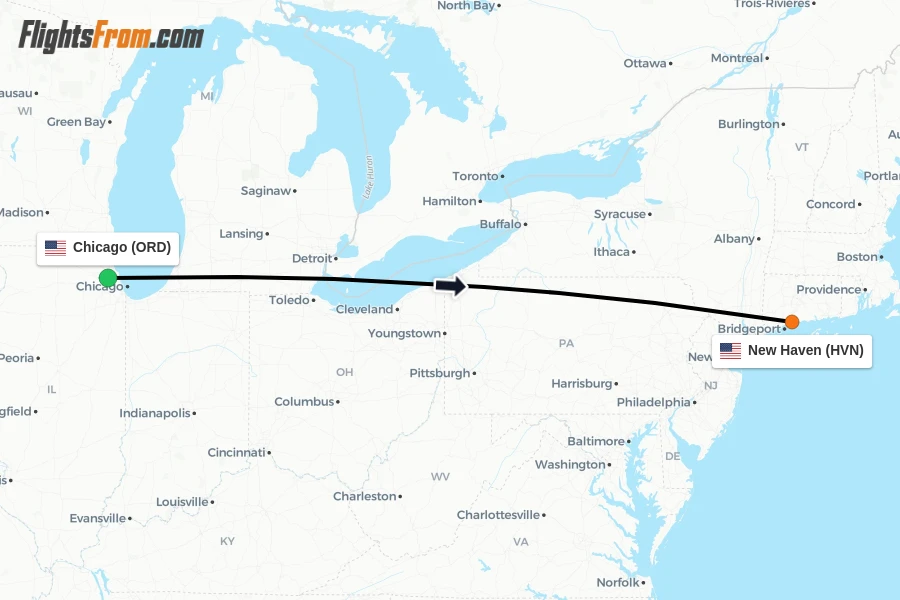 Flights from Chicago to New Haven route map