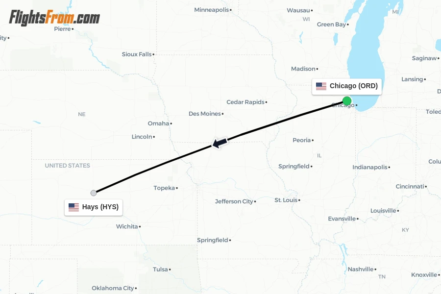 Flights from Chicago to Hays route map