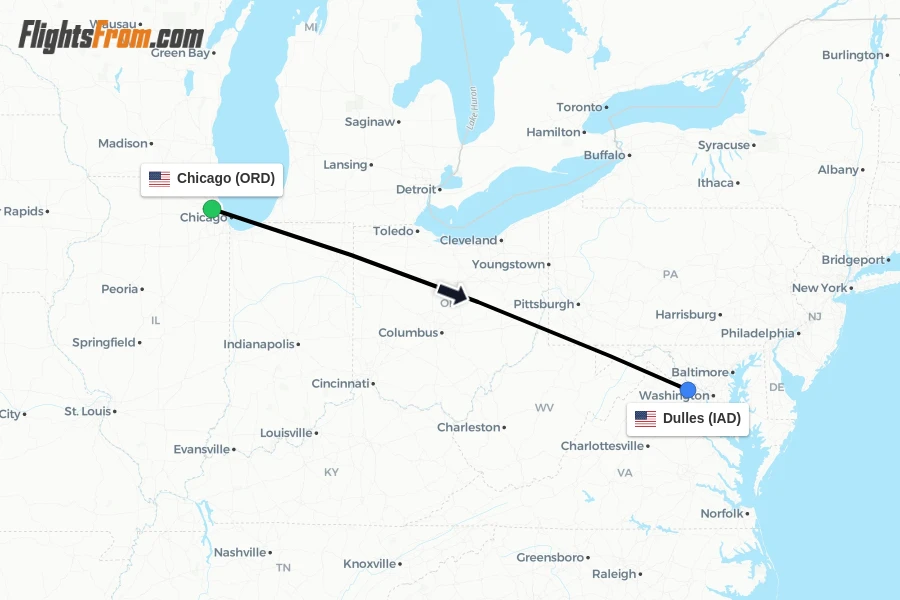 Flights from Chicago to Dulles route map