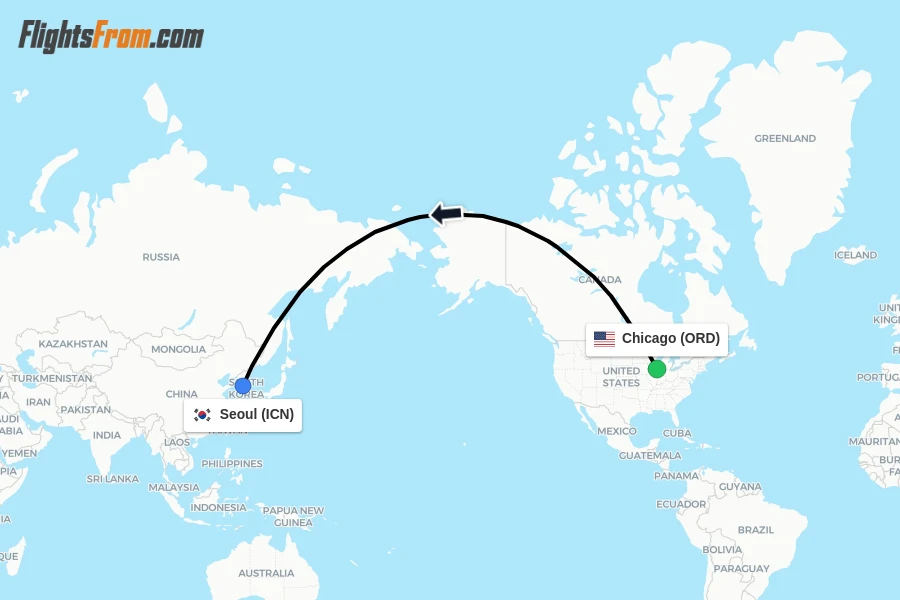 Flights from Chicago to Seoul route map