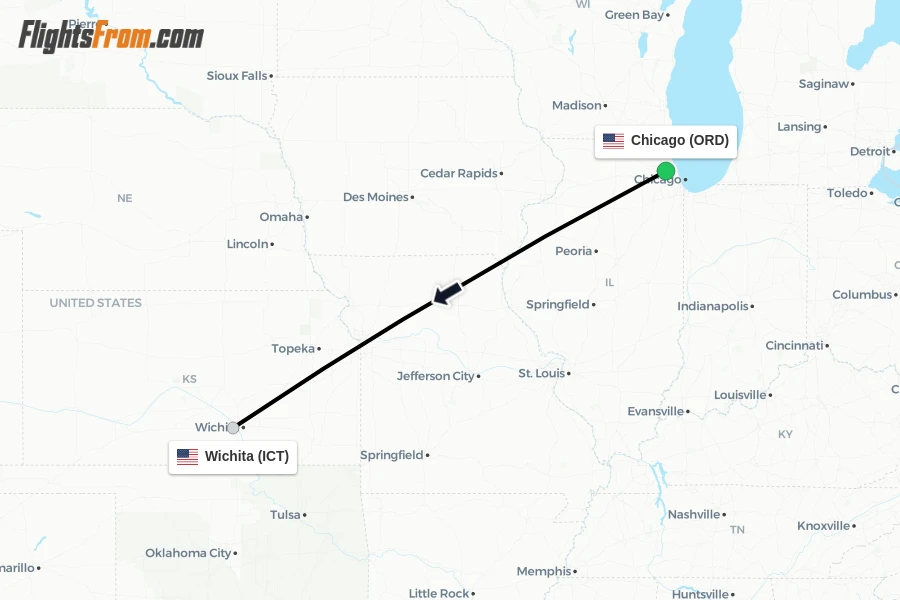 Flights from Chicago to Wichita route map