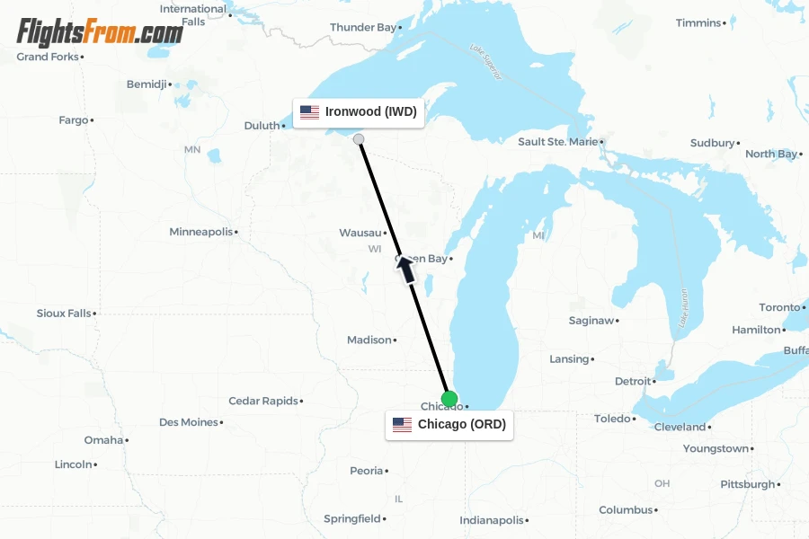 Flights from Chicago to Ironwood route map