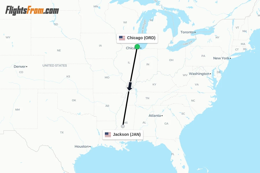 Flights from Chicago to Jackson route map