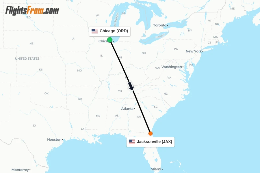 Flights from Chicago to Jacksonville route map