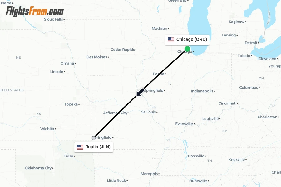 Flights from Chicago to Joplin route map