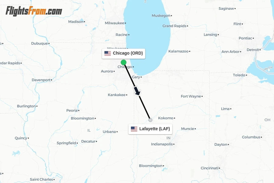 Flights from Chicago to Lafayette route map