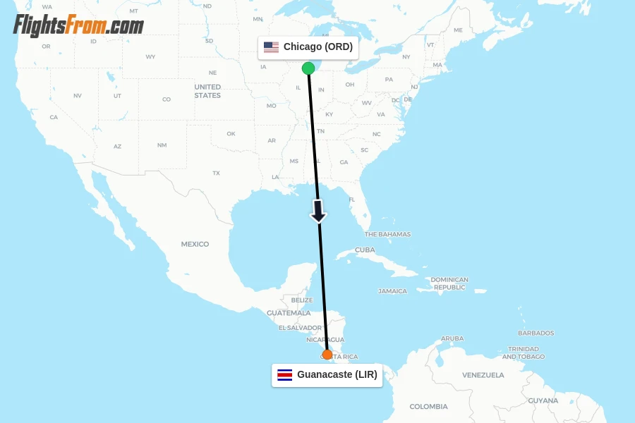 Flights from Chicago to Guanacaste route map