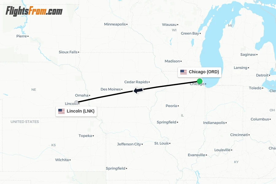 Flights from Chicago to Lincoln route map