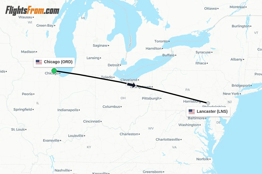 Flights from Chicago to Lancaster route map