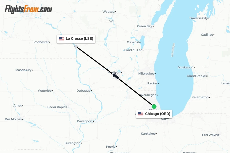 Flights from Chicago to La Crosse route map