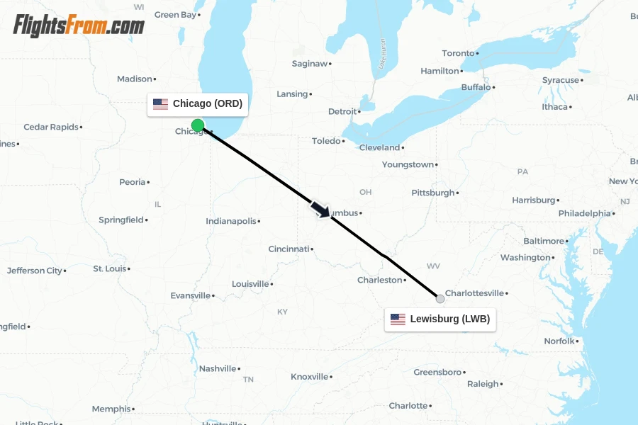 Flights from Chicago to Lewisburg route map