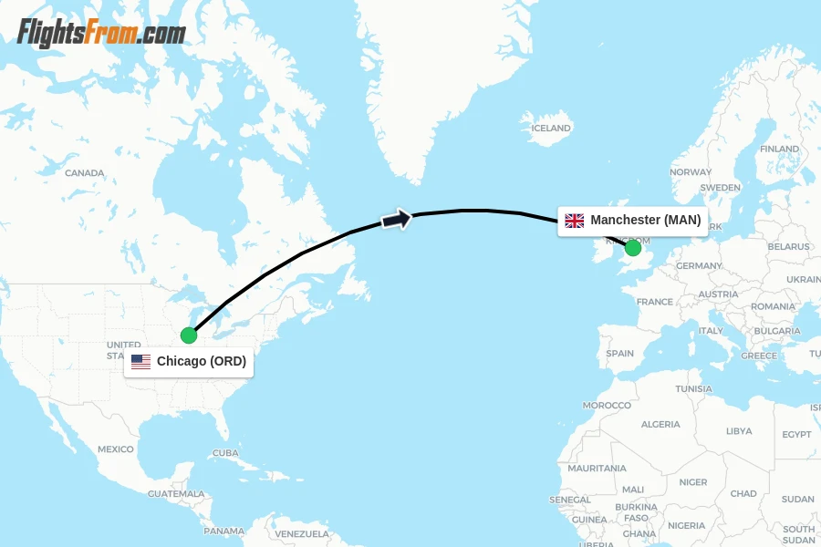 Flights from Chicago to Manchester route map