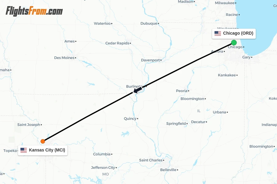 Flights from Chicago to Kansas City route map