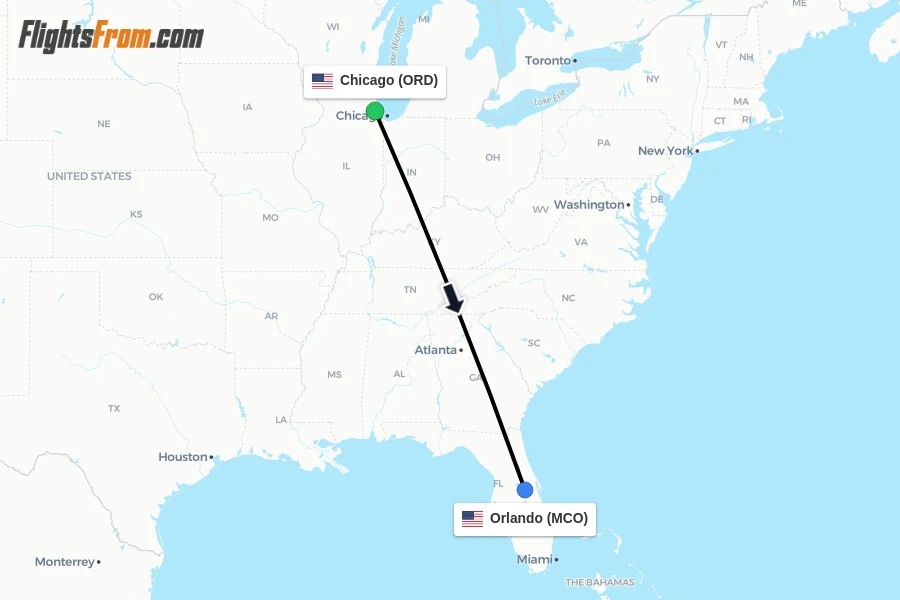 Flights from Chicago to Orlando route map