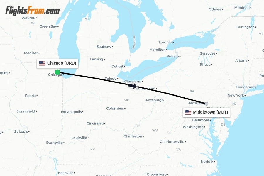 Flights from Chicago to Middletown route map