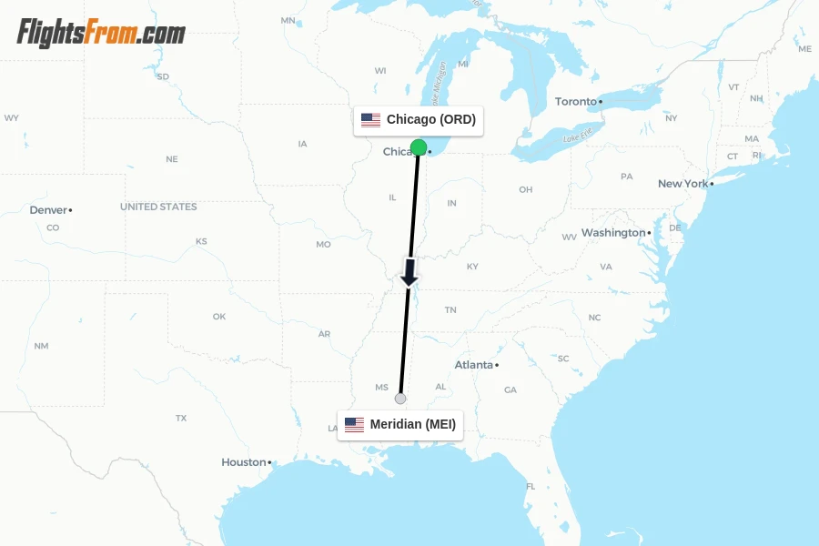 Flights from Chicago to Meridian route map