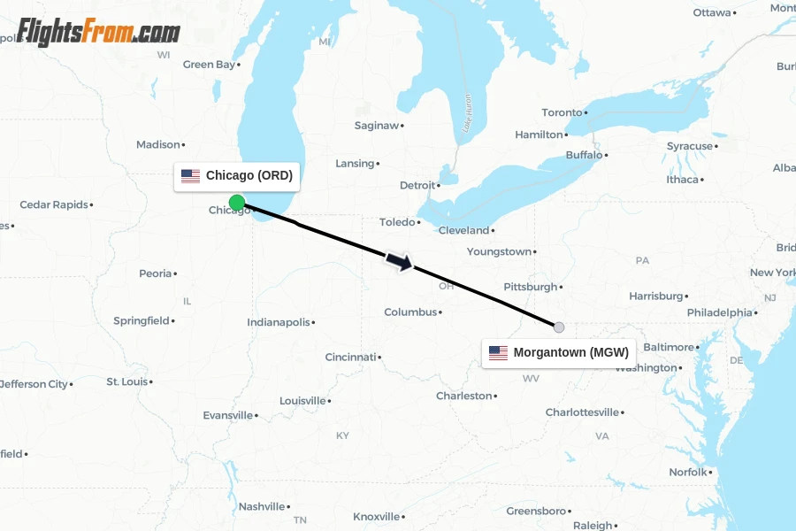 Flights from Chicago to Morgantown route map
