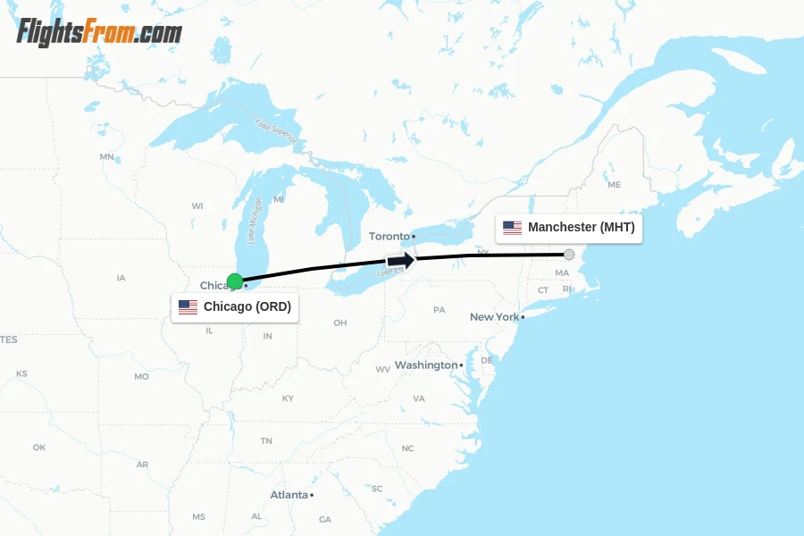 Flights from Chicago to Manchester route map