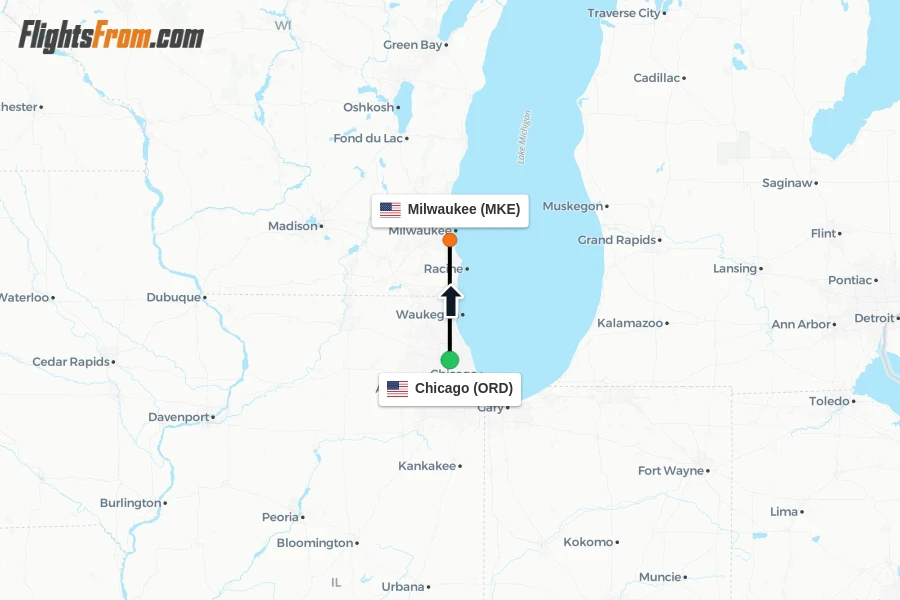 Flights from Chicago to Milwaukee route map