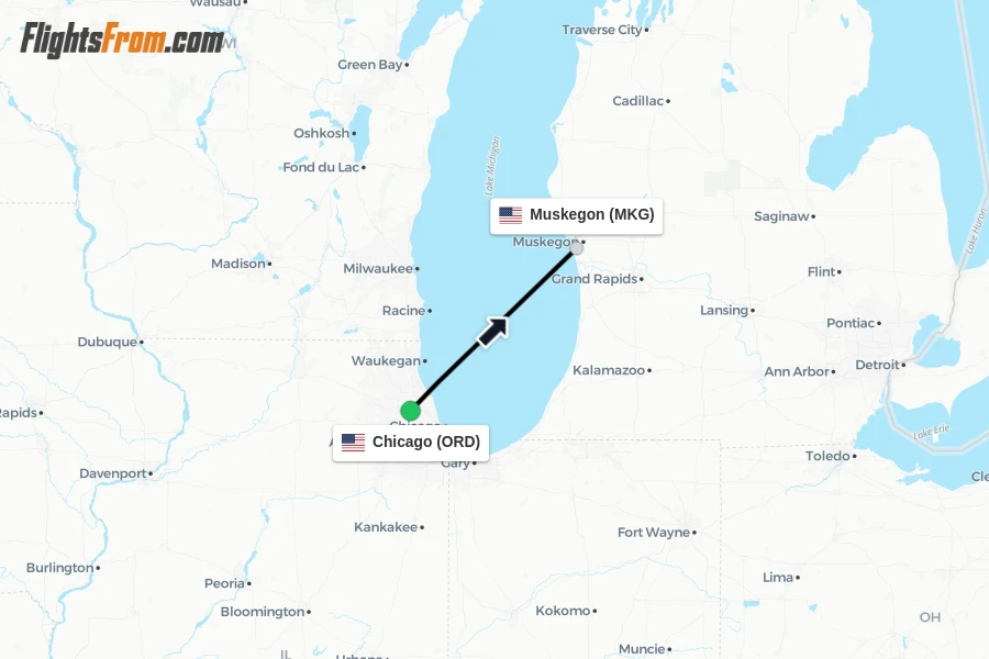 Flights from Chicago to Muskegon route map