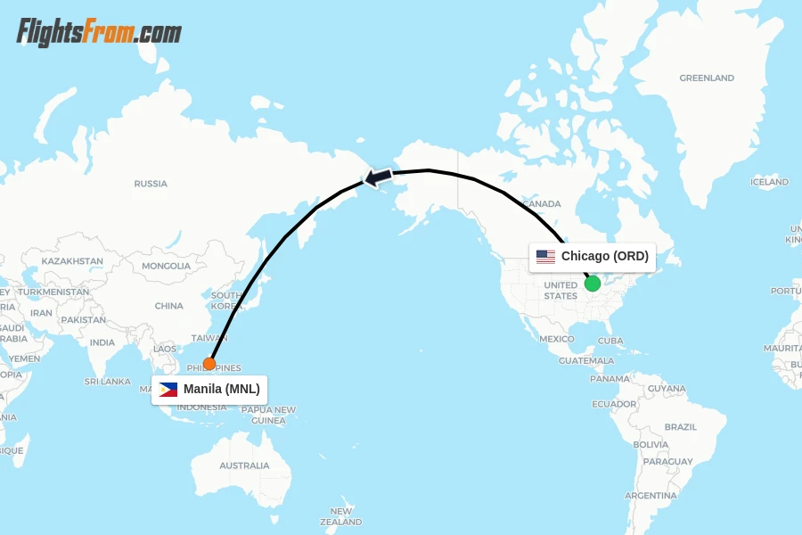 Flights from Chicago to Manila route map