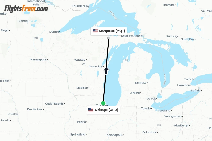 Flights from Chicago to Marquette route map