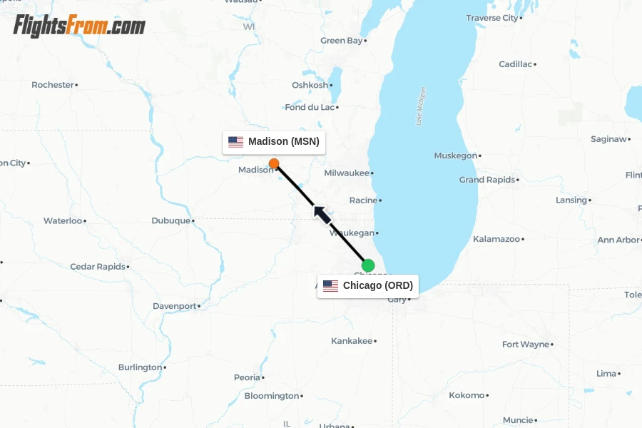 Flights from Chicago to Madison route map