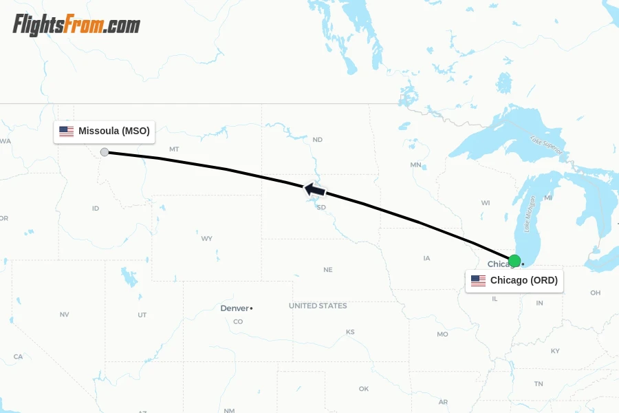 Flights from Chicago to Missoula route map