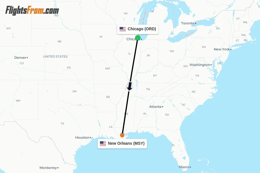 Flights from Chicago to New Orleans route map