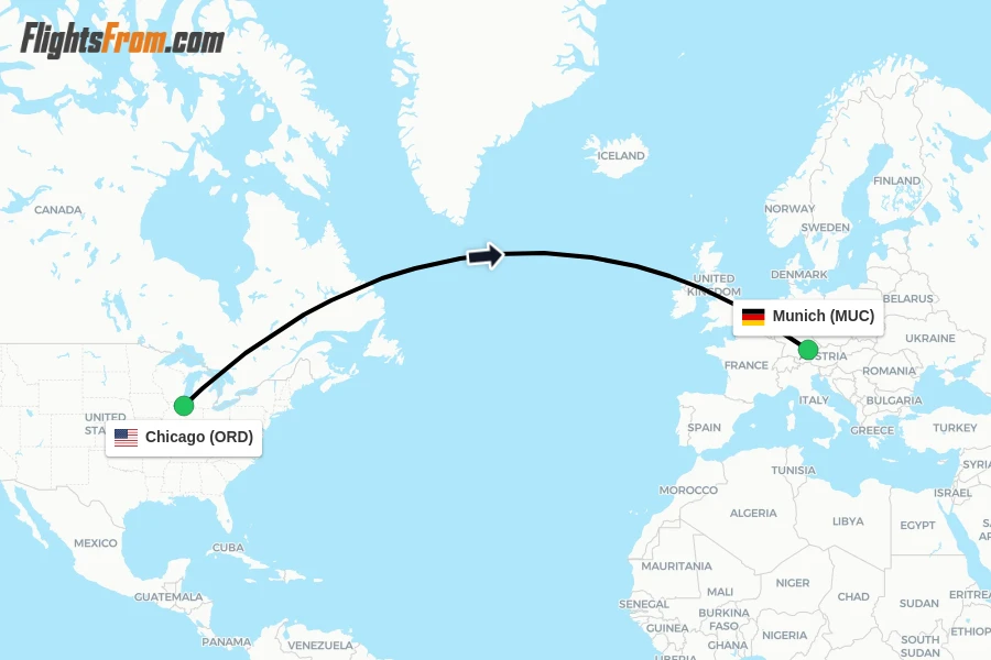 Flights from Chicago to Munich route map