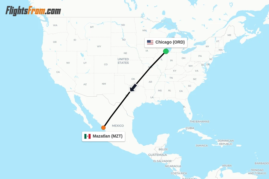 Flights from Chicago to Mazatlan route map
