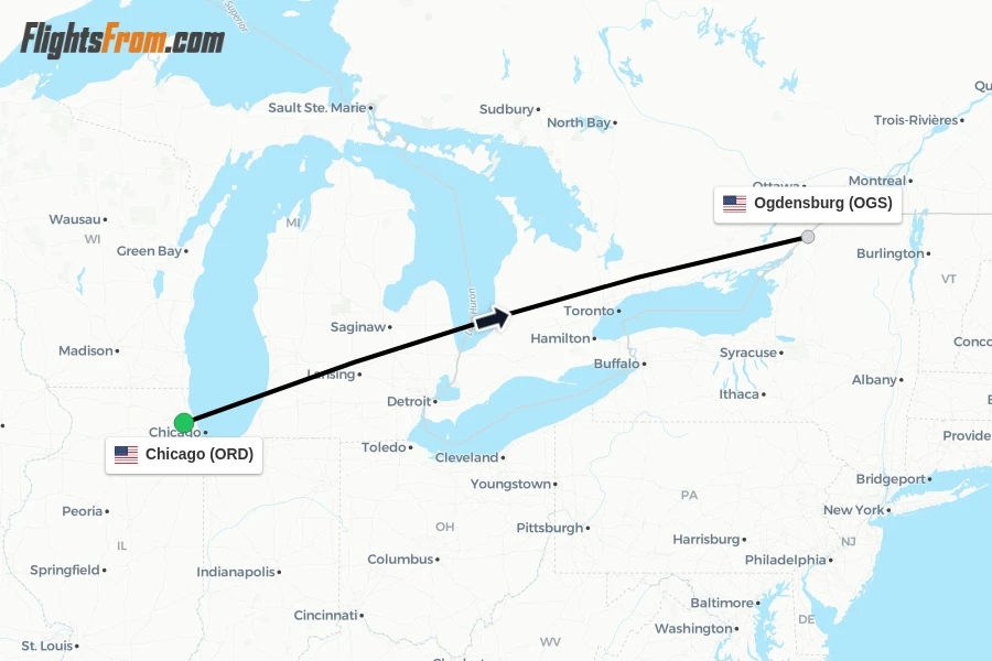 Flights from Chicago to Ogdensburg route map
