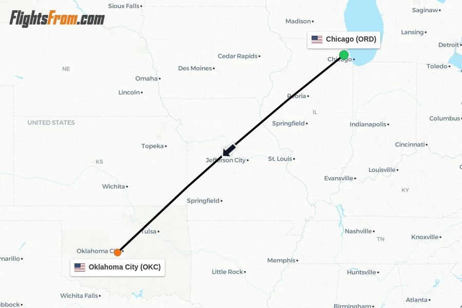 Flights from Chicago to Oklahoma City route map