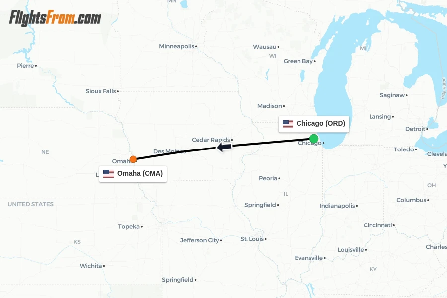 Flights from Chicago to Omaha route map