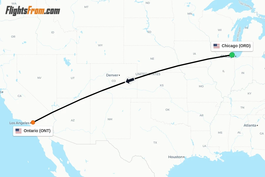 Flights from Chicago to Ontario route map