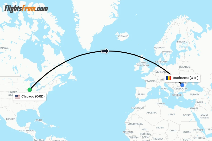 Flights from Chicago to Bucharest route map