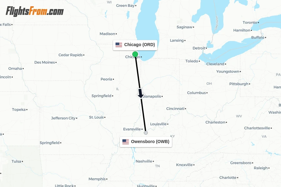 Flights from Chicago to Owensboro route map