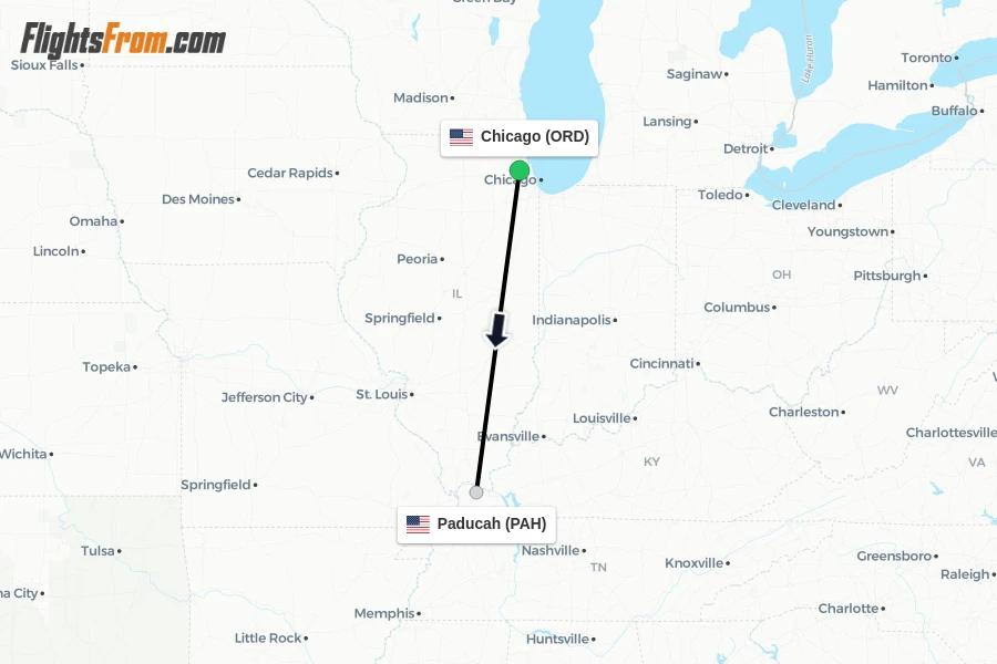 Flights from Chicago to Paducah route map