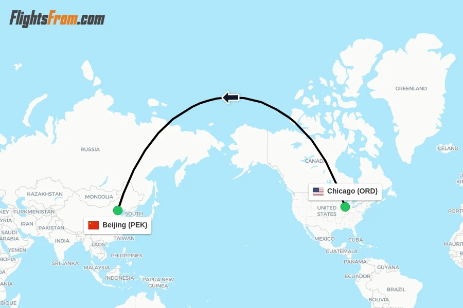 Flights from Chicago to Beijing route map
