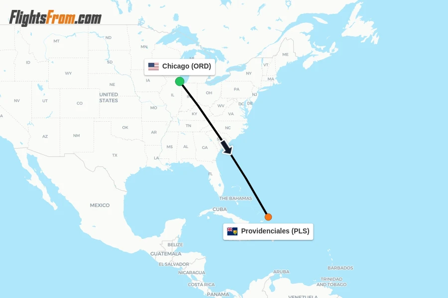 Flights from Chicago to Providenciales route map