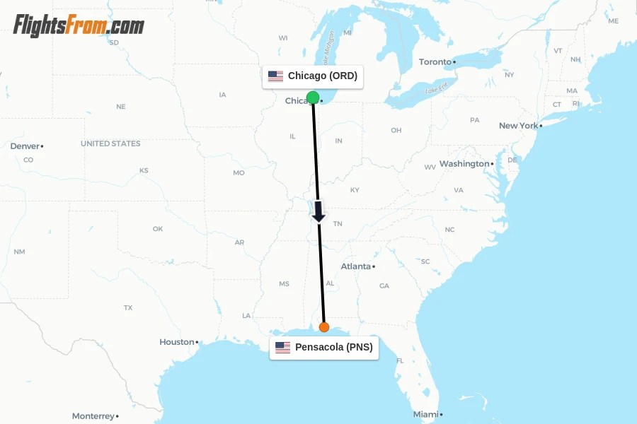 Flights from Chicago to Pensacola route map